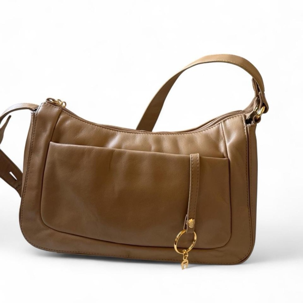 Classic Tan Leather Shoulder Bag with Gold Hardware